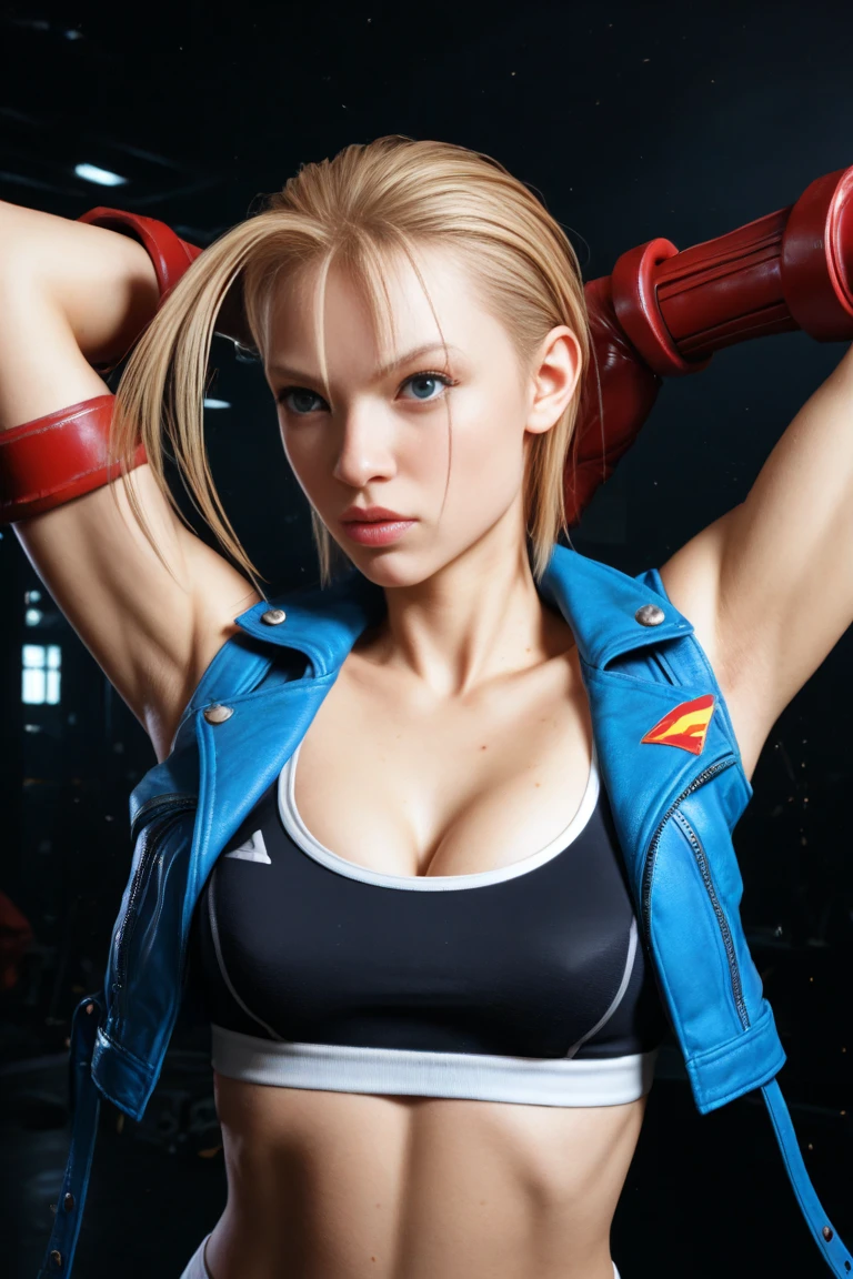 masterpiece, highest quality, highest resolution, distinct_image, detailed details) , 1 girl , solo , large breasts , large hips, cleavage, attractive body, attractive face, attractive eyes , soft skin , thin linear soft hair , one black mole under left eye , soft lips , soft skin , soft hair, soft linear , soft eyebrows , attractive and brave facial expressions , on night , scars on arms and face , blonde hair, blue eyes, mascular muscles body , strong build body , Soviet Gymnastyorka outfit ,