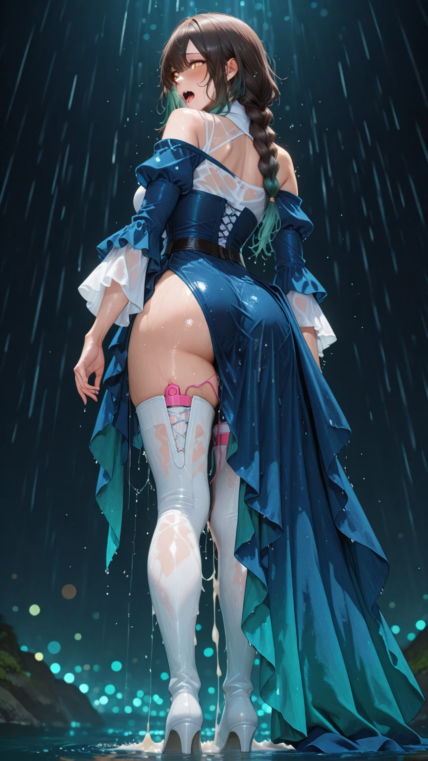 Kate Denson from Dead by Daylight, 1 Girl, Full body, Best quality, Ultra Detail, 8K, Ultra high realistic, Detailed face, Masterpiece, (Blushing:1.3), Milf, , Wet skin, Wet in miss V, Oil skin, Ahegao face, climax horny girl, Big thighs, Cropped shoulders, Choker, Mini skirt, Dark Gothic Makeup, Blade and soul, Final fantasy 14 style, Wet, big thighs, beautiful breasts, body details