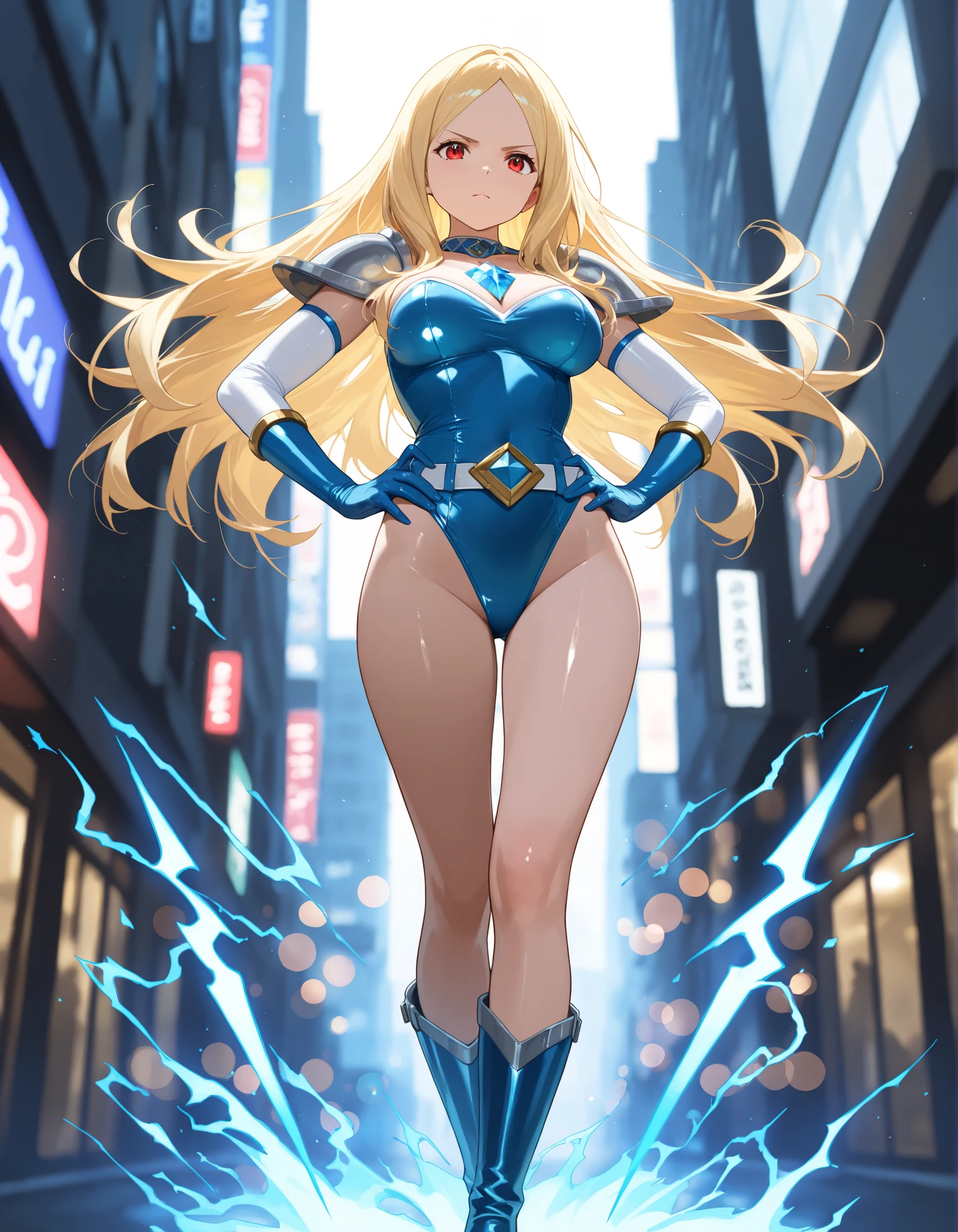 masterpiece, best quality, highres, 1girl, solo, superhero, leotard, bare legs, boots, matching boots, aura, blue aura, sleeveless, gloves, bracelets, matching gloves, looking at viewer, light particles, city backdrop, perfect hands, perfect eyes, powering up, perfect leotard, perfect legs, perfect arms, perfect fingers, blue and white leotard, blonde hair,