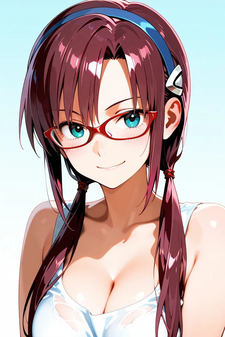 Cute bored horny woman with thick long messy red curly hair in tight red bikini with glasses with tattoos laying down on stomach in sauna blushing frowning with bright earrings with head propped up by hand
