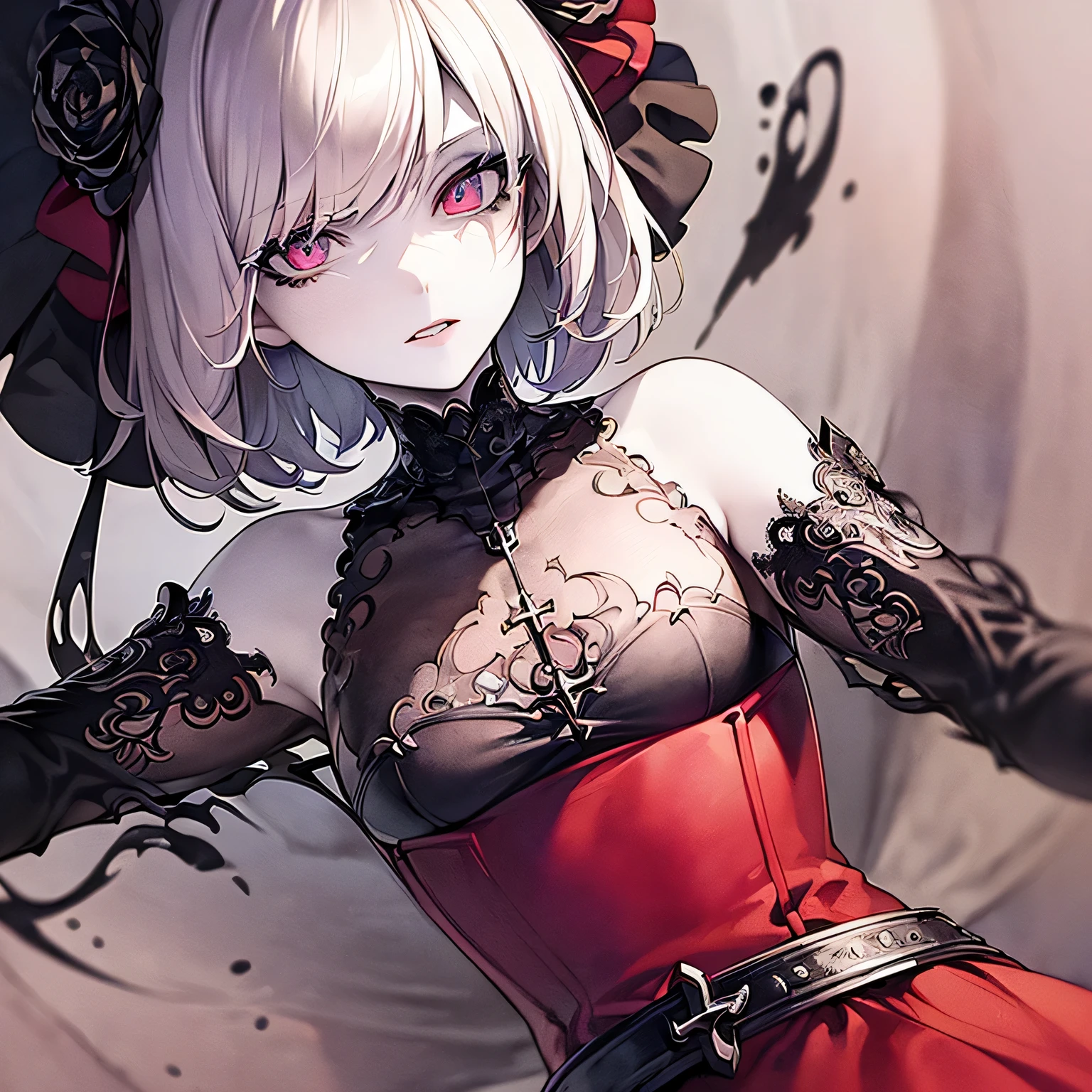 vampire woman, Victorian dress, absurdres, RAW photo, extremely delicate and beautiful, masterpiece, Best Quality, ultra high resolution, 32k, hyperrealistic, ultra-detailed, detailed description, pale skin, 20 years old, tearful mole, earring, short medium hair, wavy hair, full body shot,