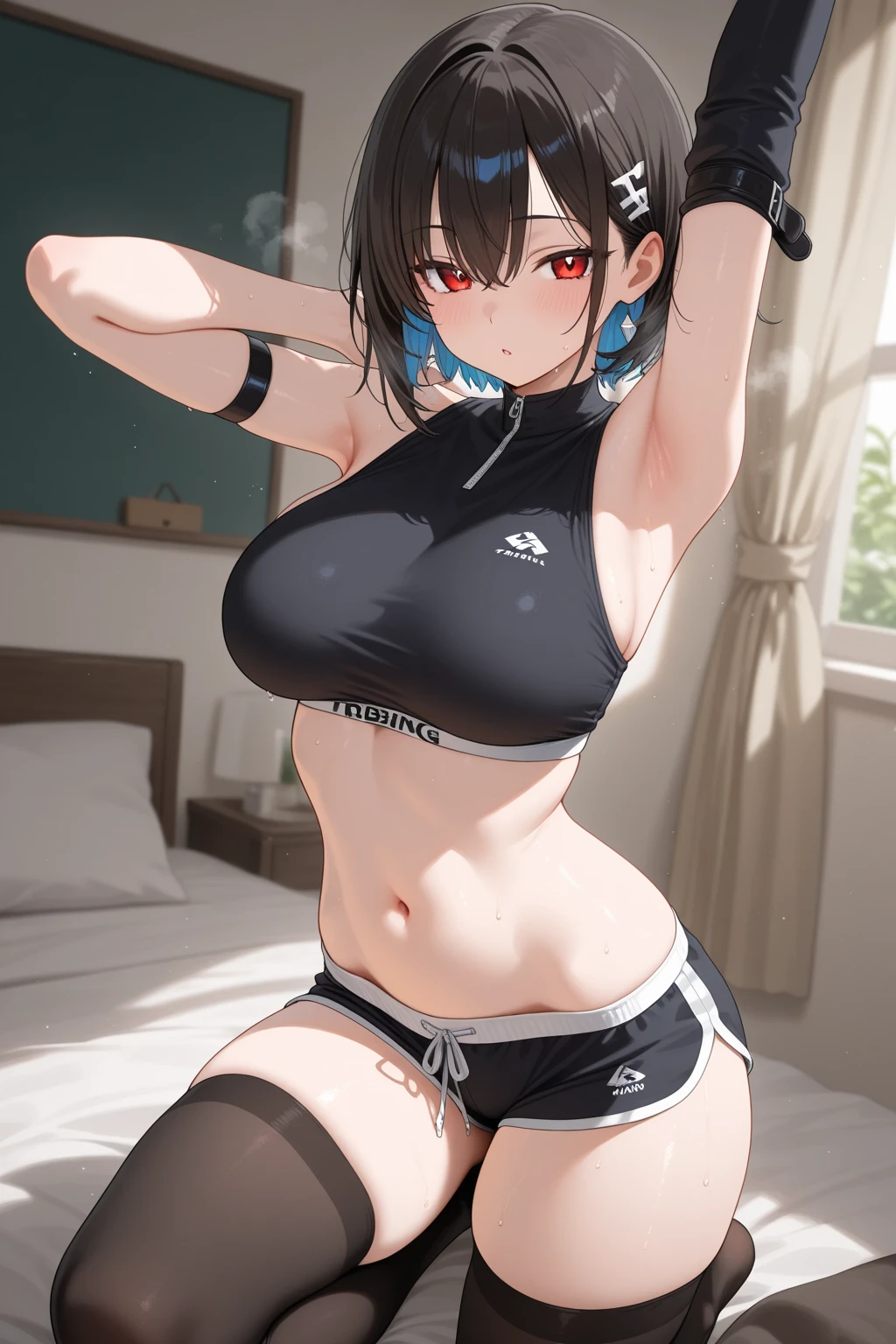 masterpiece, absurdres , (intricate details), (colorful),cinematic lighting,bust shot,extremely detailed CG unity 8k wallpaper ,hinata\(boruto\), 1girl, solo,mature female, arm up, looking at viewer, sports bra, locker room,cowboy shot, high heels, full body pict,