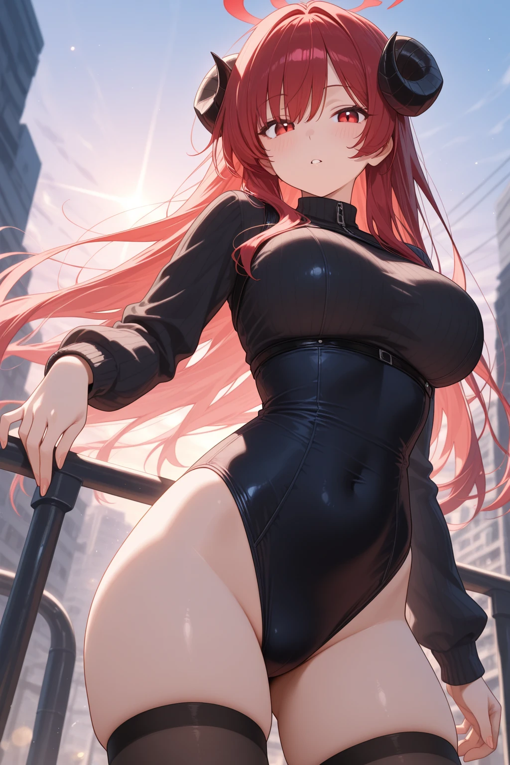 女の子1人、Black Bunny Girl、Raise your arms、Underarms、Emphasis on armpits、the sweat、E-cup、blushful、red hairs, Long braided hair, Golden Eyes,Makima