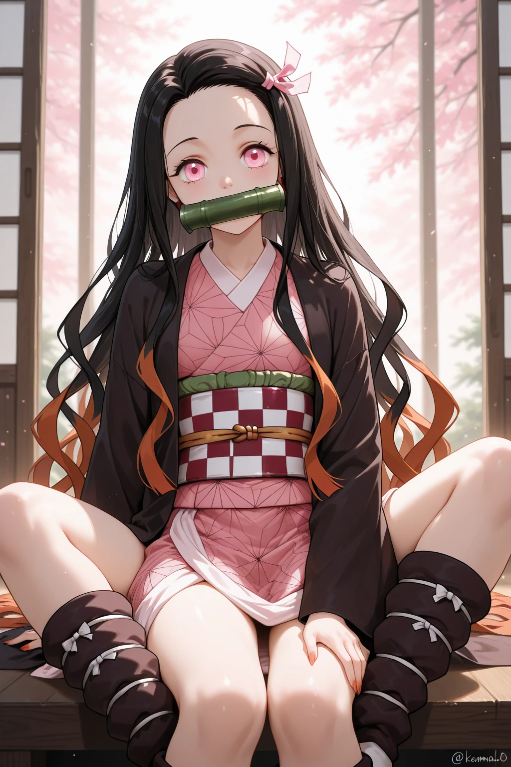 Masterpiece, Best Quality, High Resolution, venus1, 1girl, solo, Tsuko Kamato, Bamboo, bit gag, brown hair, checkered belt, gag, gradient hair, hair ribbon, haori, japanese clothes, kimono, long hair, looking at the audience, colorful hair, orange hair, pink eyes, pink kimono, pink ribbon, ribbon, solo, upper body, (((masterpiece)), frontal, sitting, cute, puffed cheeks, angry, wide eyes
