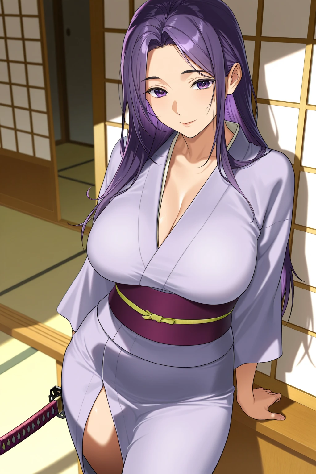 A girl with long straight purple hair and purple eyes with tan skin and full breasts standing straight facing the viewer in a kimono, perfect,
