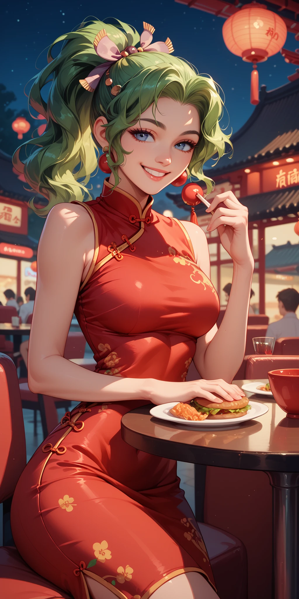 young girl, red hair in a bun, blue eyes, Chinese sleeveless dress, Shorts, A tray of food, Cheerful smile, open mouth, Masterpiece, high qulity