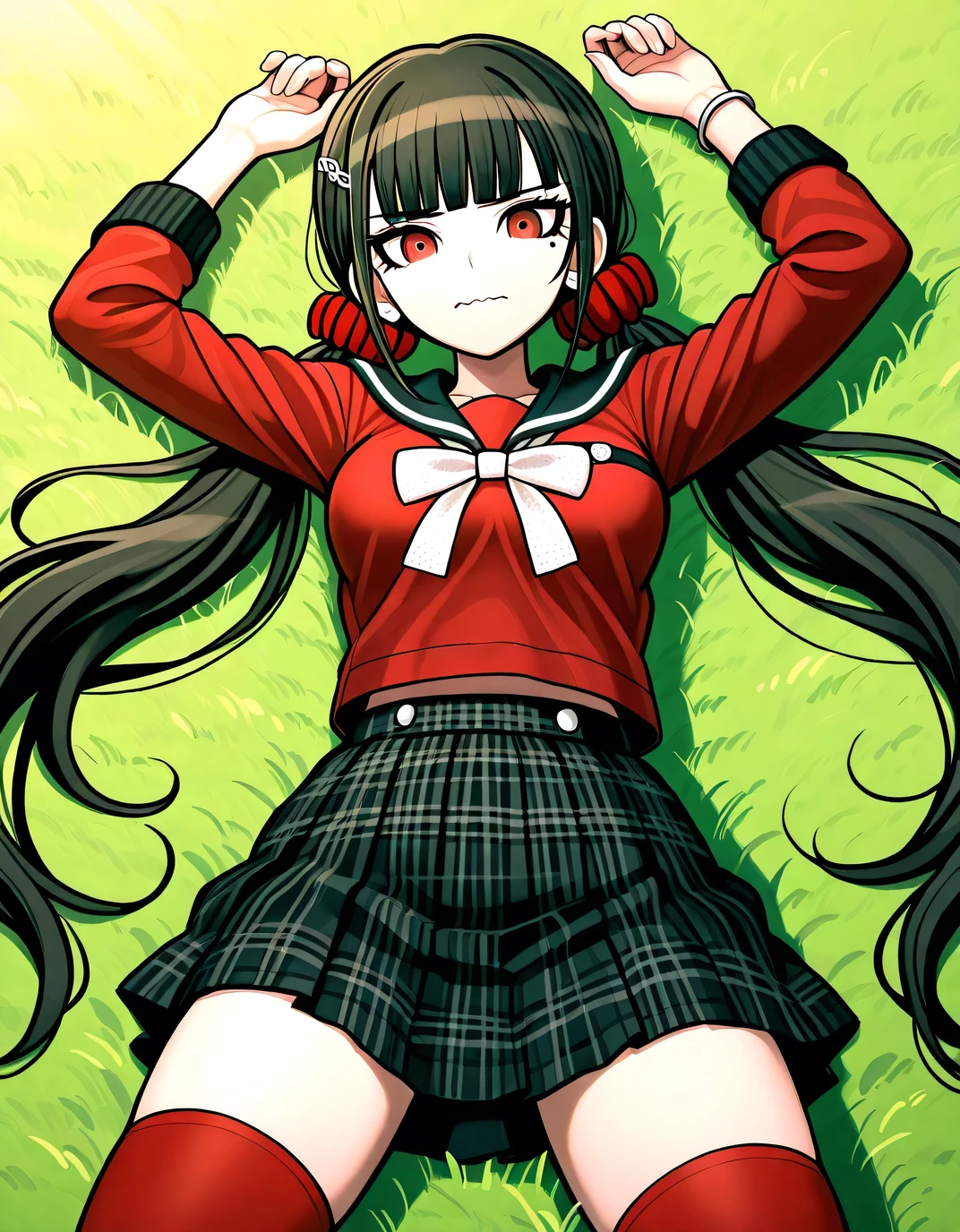 Maki Harukawa DRV3, masterpiece, long hair, bangs, black hair, hair ornament, red eyes, twintails, very long hair, hairclip, blunt bangs, mole under eye, low twintails, scrunchie, Hair scrunchie, Red Scrunchie,   skirt, shirt, thighhighs, long sleeves, bow, school uniform, pleated   skirt, serafuku, black   skirt, sailor collar, mole, bracelet, zettai ryouiki, plaid, plaid   skirt, red shirt, black sailor collar, red thighhighs, , high quality, alone, lying, on back, arms up, , closed mouth, on grass, cowboy shot, looking at viewer, wavy mouth,   smile, best quality,