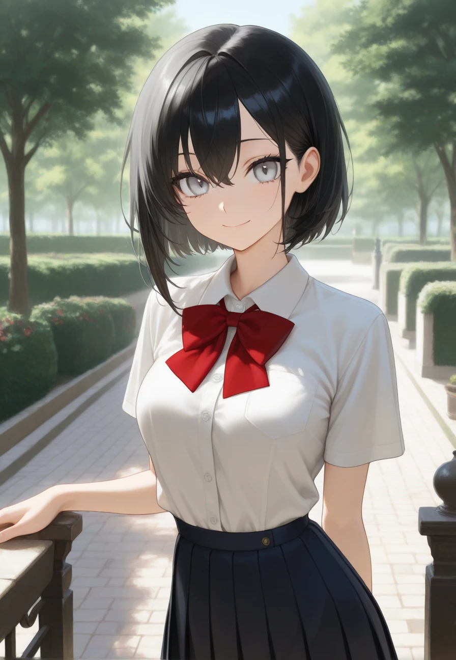 shinkai makoto, kimi no na wa., 1girl, bangs, black hair, blush, brown eyes, perfect face, looking at the viewer, black suspenders,  shoulders, red headband, red ribbon, garterbelt, garter, sight, , belt, short hair, solo, shinny skin, smile, cute, grin, cloudy, night sky, night background, forest, sweat, (masterpiece), best quality