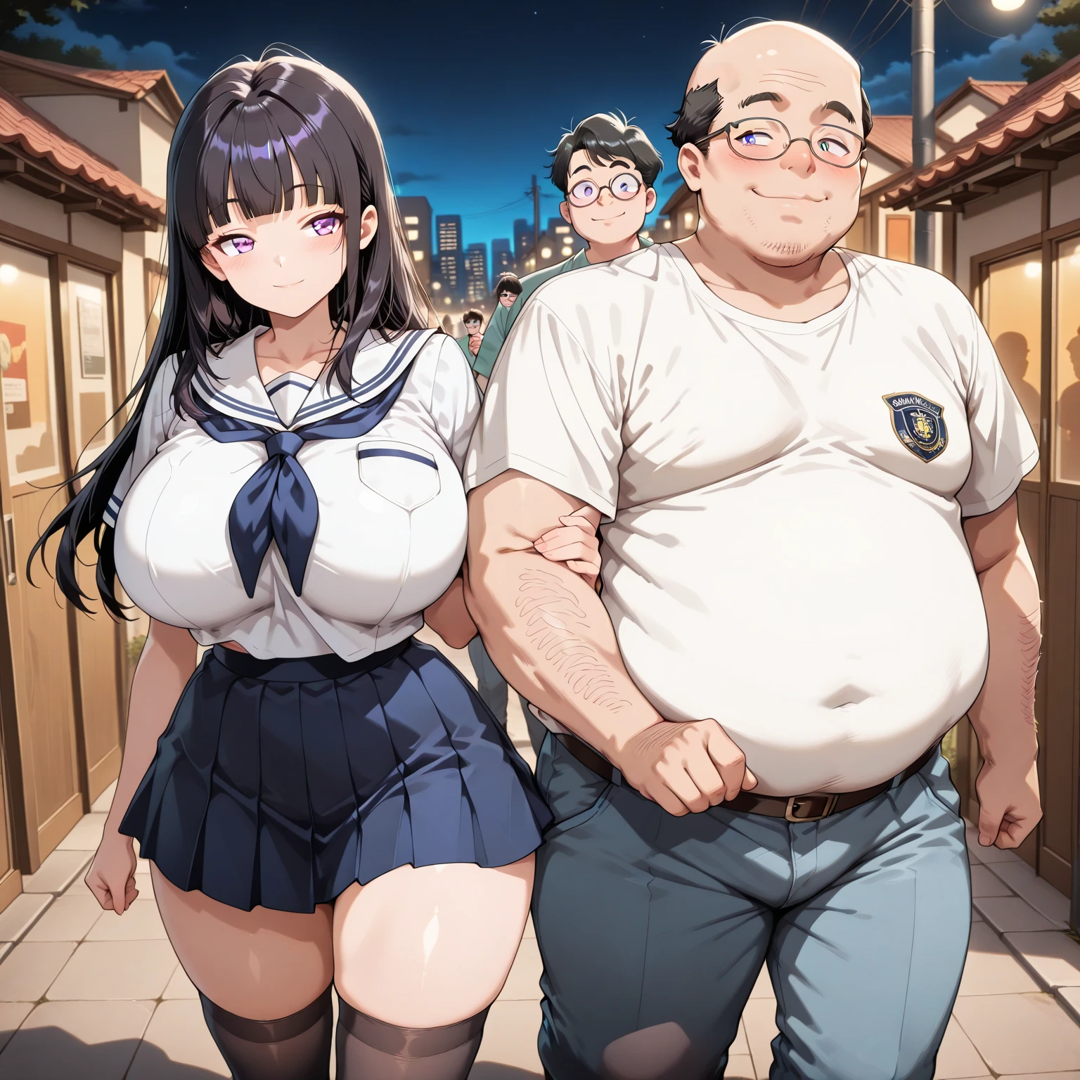Top View、手でvaginaを開く、Highly detailed illustration、Ultra-precise expression、masterpiece、Highest quality、ultra High resolution、High resolution、Hiromitsu Takeda Style、White Background、Simple Background、Dark Skin、Dark skinned man、One Girl、whole body、bald、Black Hair、Black glasses、Two short braids、Embarrassed expression、Grey Eyes、((Completely naked))、White Breath、Sweat、Glowing Skin、smile、pubic hair、vagina、Hands in the crotch、stand、Erect nipples、Inverted nipples、barefoot、Put your hand on his shoulder、Big penis、
