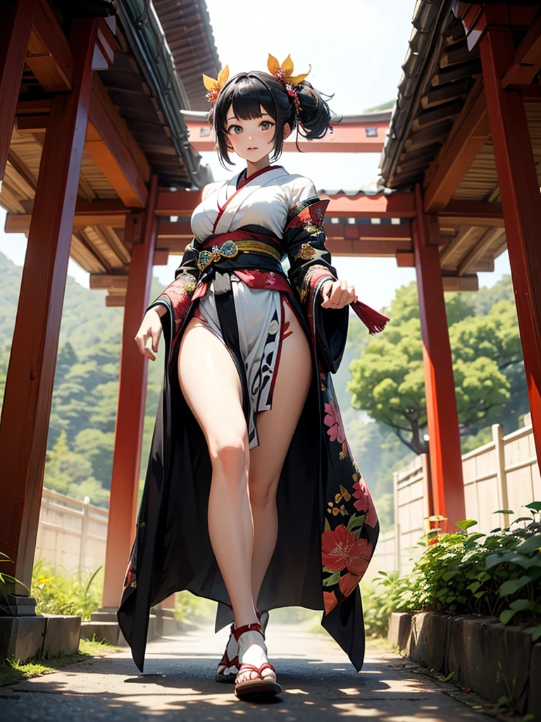 The upper part of the body、女の子1人、Bun hair、mansion、Purple Eye、Gorgeous red and gold kimono、off shoulders、Holding a parasol、Japan anime-style odd-eye, rain falling