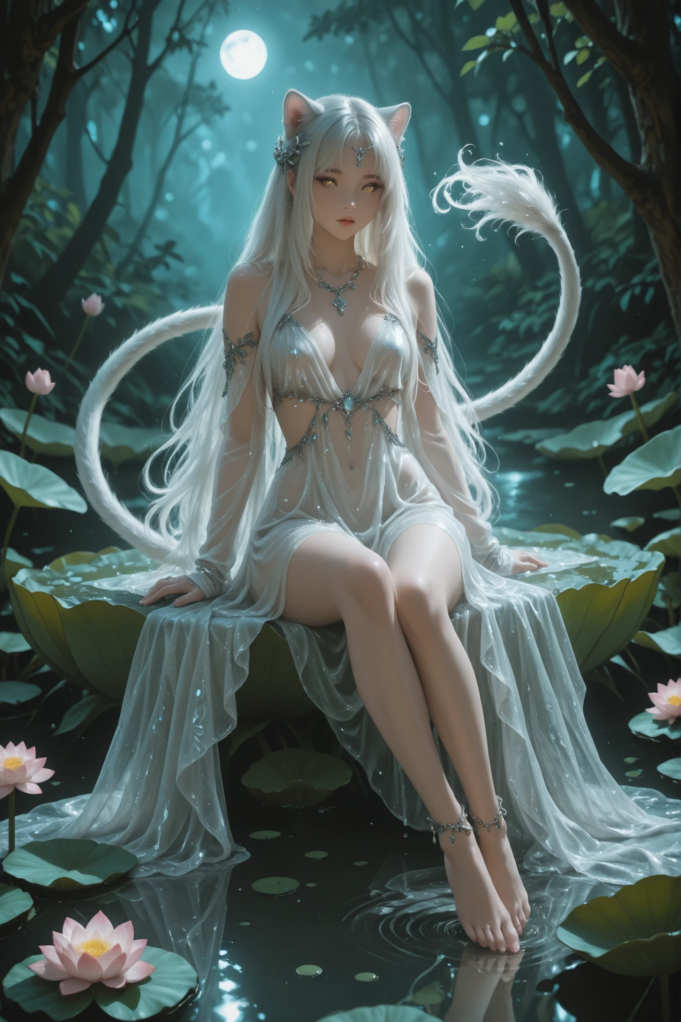 Create a photorealistic full-body close-up of an ethereal feline spirit woman gliding barefoot along a moonlit pond’s edge in an enchanted garden. She wears an opulent, translucent silk gown layered with silver filigree and scattered gemstones that catch the moonlight, revealing her elegant pearl-white fur beneath. Her long, opalescent hair flows behind her, and her golden feline eyes shimmer with quiet grace. Include delicate jewelry: a silver necklace adorned with tiny moonstones and slender bangles around her wrists. Her slender tail sweeps across the mossy ground as she walks, and lotus blossoms float gently beside her. Mist swirls around her feet, adding an air of mystery. Use a low, intimate camera angle to capture her entire figure from head to toe: bare paws, the subtle muscle tone beneath the silk, and the graceful arch of her posture. Focus on fine fur texture, shimmering fabric, and the soft interplay of moonlight and shadows for a lifelike, magical effect.