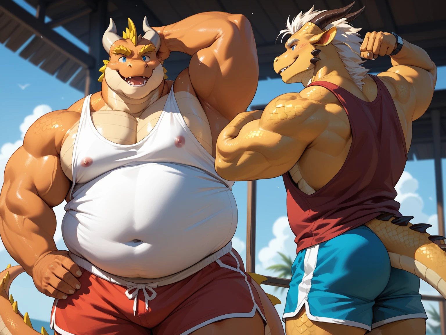 By Haps, Big Pecs, Fluffy Tail, 2boys, armlet, armpit hair, armpits, bara, between pectorals, blush, bowser, bracelet, bulge, chest hair, clothes pull, collar, cropped legs, erection, erection under clothes, facial hair, feet out of frame, furry, furry male, hairy, heart, horns, interspecies, jewelry, large pectorals, looking at another, male focus, male pubic hair, multiple boys, muscular, muscular male, navel hair, nipple piercing, nipples, pectorals, piercing, precum, pubic hair, red hair, short hair, shorts, size difference, smile, spiked armlet, spiked bracelet, spiked shell, spikes, tail, tank top, thick eyebrows, thick thighs, thighs, yaoi