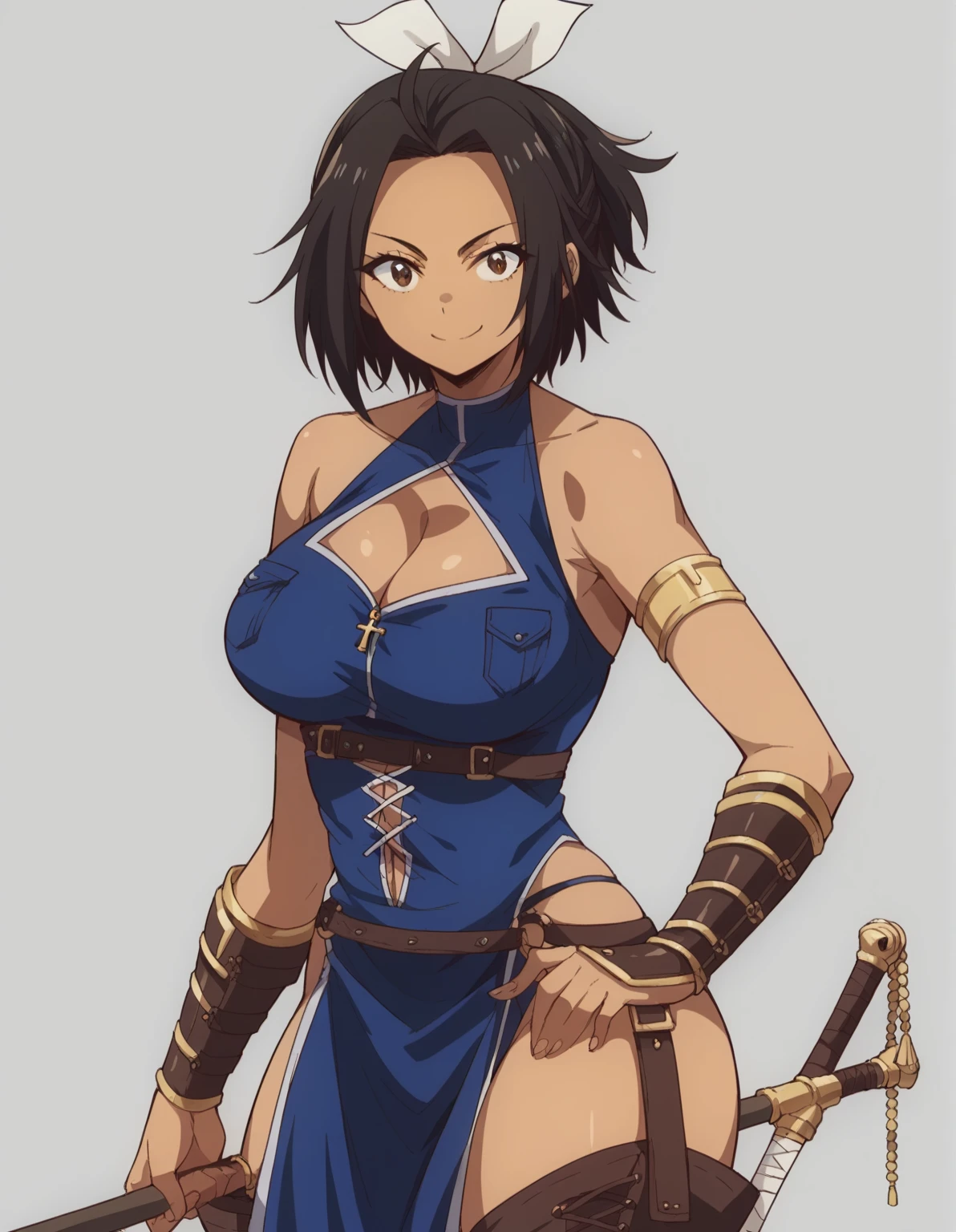 1girl,solo,breasts,glasses,large breasts,blue eyes,brown hair,long hair,single hair bun,mature female,hair bun,mini hat,braid,eyewear,dark-skinned female,<lora:KatereaLany:0.8>,(corn maze background:1.1),(panties:1.1),(sorry ),(Pretending to pull an invisible rope),