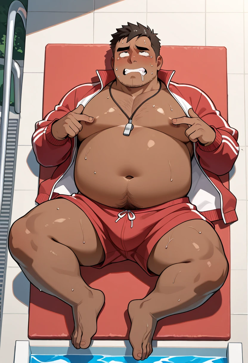 Big buff embarrassed red cartoon dragon with a extremely large humongous ginormously oversized inflated beige stomach, high red, white eyes with black pupils, massive oversized bellybutton, light red back, lifeguard tank top overhanging on top of his massive stomach, black necklace with dragon tooth, shocked look on his face, high pink blush, spiky red mohawk hairline, red arm necklace, huge ginormous muscular build with gigantic nipples, body hair across his chest and over inflated stomach, water droplets all over his muscular body, one hand holding his large enormous giganticly over inflated stomach, red lifeguard shorts, sandals, standing on a beach resort in a ready to fart position and farting out a huge enormous light green toxic gas cloud coming out of his butthole behind him