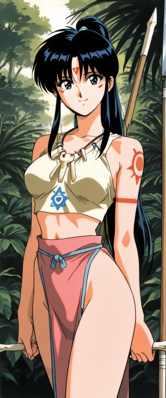 1 girl, (dark skinned female, black hair:1.3), black eyes, tribal girl, tribal accessories, ?????, tribal tattoos, smirk, Island background