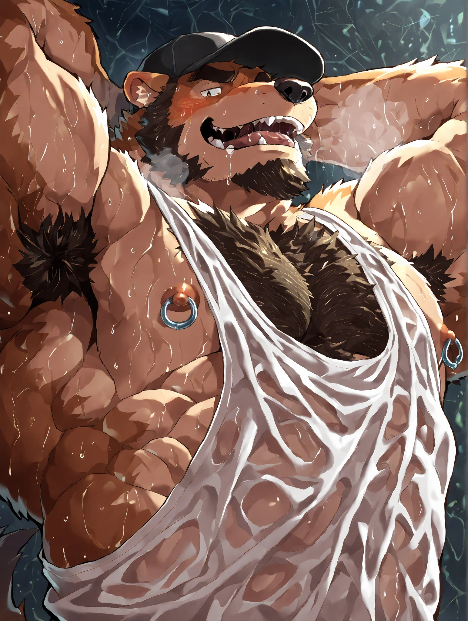 anthro, bodily fluids, fur, bulge, blue shorts, looking at viewer, lying, male, multicolored body, multicolored fur, muscular, (musk clouds:1.2), navel, on back, pecs, precum, smile, solo, two tone body, two tone fur, by Pixelsketcher, by Bayard Wu, by Thomas Benjamin Kennington , by Einshelm, by Chunie, (arms behind head), (both arms behind head),, (lin hu:1.1), (exhausted, sweat, bruised:1.6), in the boxing ring, boxing glove, beaten down