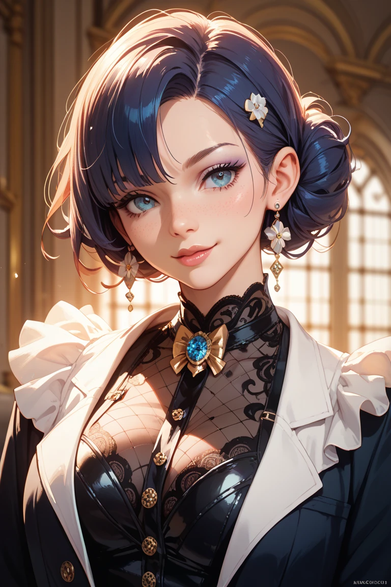(64k, RAW photo, highres, best quality, masterpiece:2.0), (ultra-fine depiction of the detail:2.0), (realistic, beautiful, photo-realistic:1.3), 1girl, (yuri alpha), (long black hair, slightly messy), (slightly messy diagonal bangs:1.0), (single braid bun, double bun), (shiny black hair, blue-gray eyes), (cool glasses), (gothic style vivid blue choker), (blue bowtie and ribbon), (simple but high-quality maid dress), (elaborately designed, vivid dark emerald green, spiked gantlets), (solemn maid dress with gothic style coreset), (huge breasts, sexy cleavage), (elegant and handsome woman), (shiny skin, pink lips), (looking at the viewer), (closed mouth, a faint smile), (a caring, gentle gaze towards the viewer:1.2), (at a quiet bar counter, in the night, filled with solemn, mysterious atmosphere), (highly sophisticated professional HDR, with effective ambient occlusion, perfectly optimized effective spot light and front light:1.8), (perfect, natural, harmonious composition), (photo-realistic, ultra-detailed:1.5), ((portrait, cowboy shot:1.6))