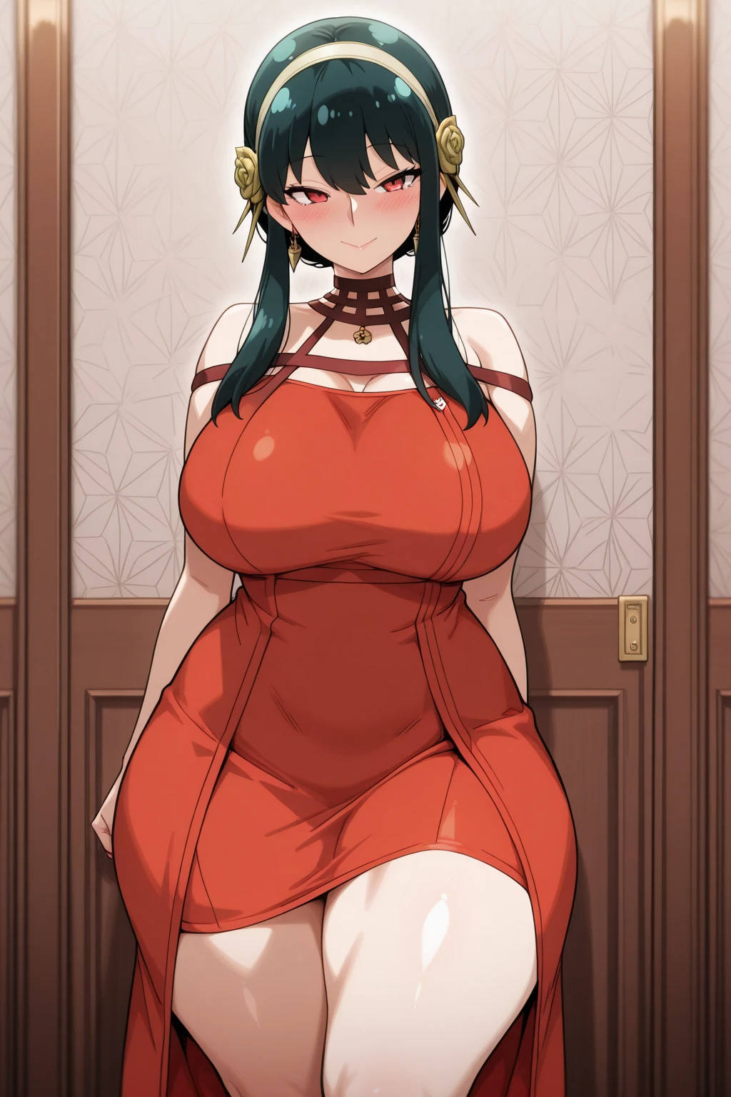 A beautiful anime-style girl, Yaoyorozu, with big eyes, long eyelashes, and a gorgeous face, wearing a sexy, revealing outfit that shows off her big round breasts and thighs, sitting at a bar in an anime-inspired cell shading art style, masterpiece, best quality, 8k, high resolution, ultra-detailed, realistic, photorealistic , blush , legs spread , pussy 