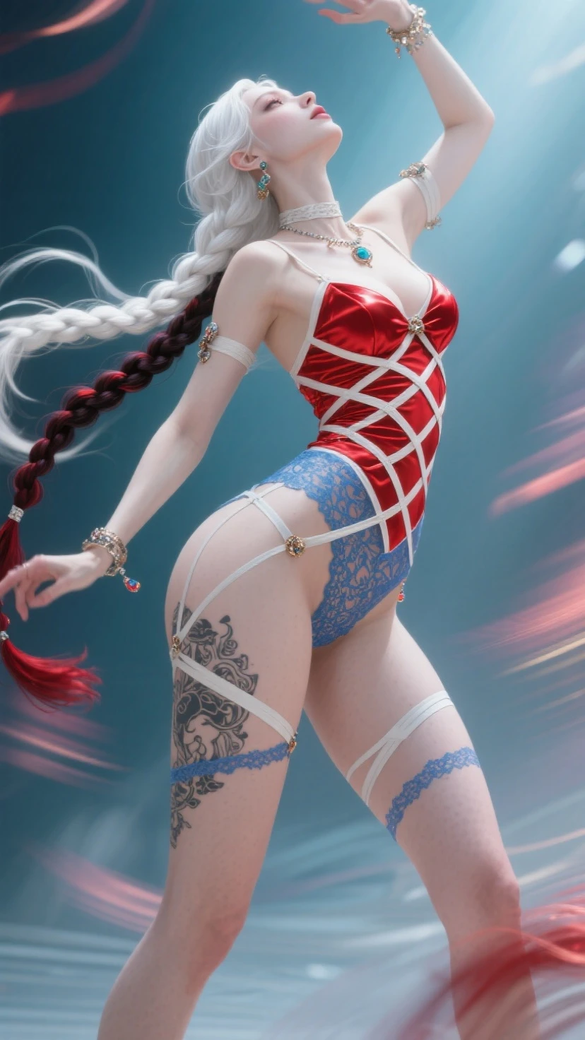 photorealistic, high resolution, soft lights, 1women, solo, hips up, red eyes, white hair, long hair, (detailed eyes, blue eyes), solo, red leotard, red leotard, red leotard, swim pool, realistic, makeup, jewelry, tattoo, back view