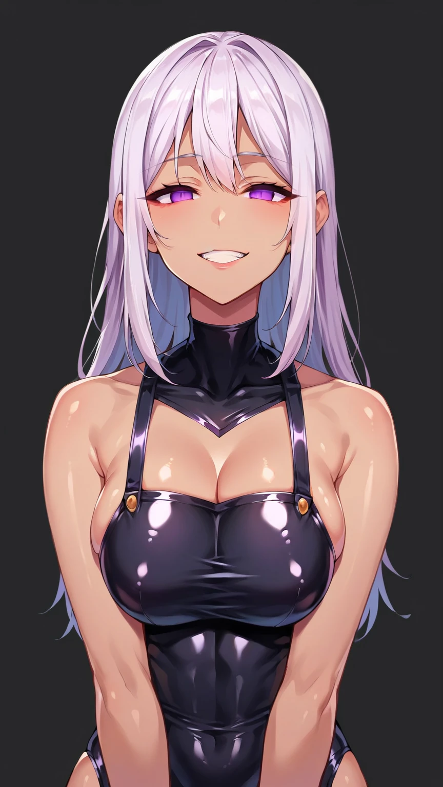 erotic、tall、Idol Master Sagasawa Fumika,White Hair Band、Long Black Hair、 mature, Married women, Purple shiny latex rubber suit、turtleneck、邪evilな女戦闘員, Red and black background, heart, Bedroom, Dark Theme, evil, lure, excited, Condescending smile, Lightly open your mouth、Sexy pose, Upper Body,