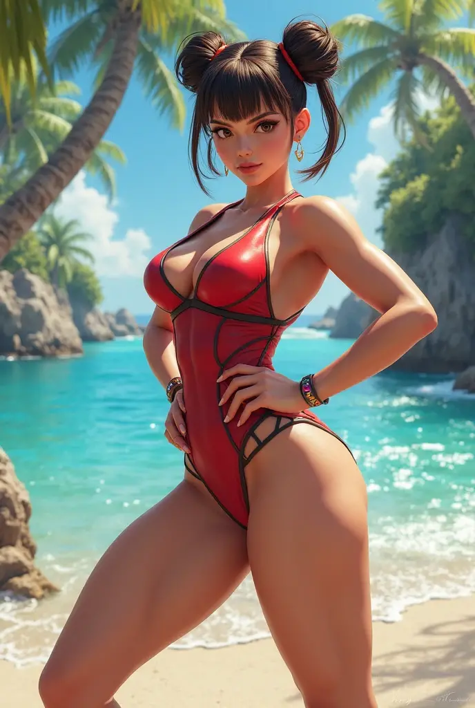 (tmasterpiece, 最好's质量, ultra - detailed, 8k wallpaper, realistically), (from back), 1 girl, Curvy but slender, Side Chest，巨大's, curlies, shairband, bangle, printed colorful micro bikini, Santorini Beach, raise both arms, comparing, 's, 自然柔和's光线,  skylines, natta