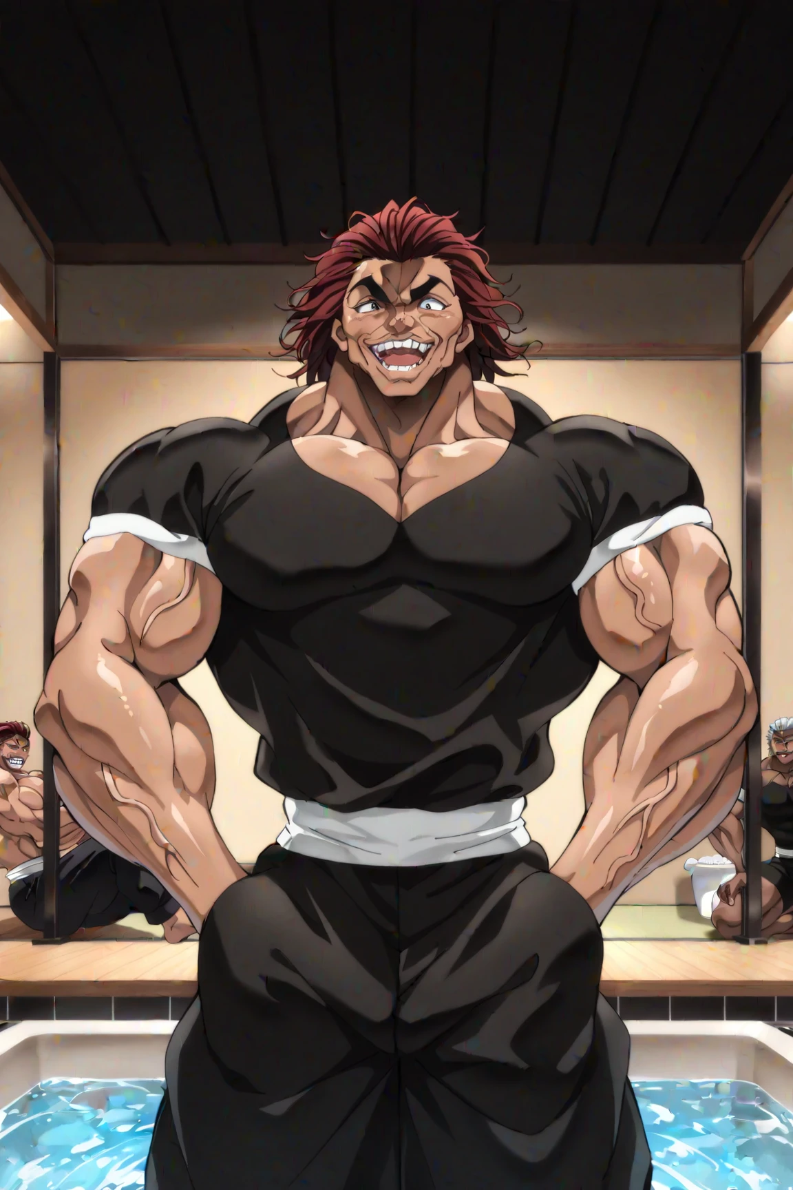 アニメ, A powerful alpha man, wicked, Jumpy, 40 years old, Supreme King, imposing lord, wearing very tight wet black tank top, large pectorals, muscular chest, gazing at viewer, pose sexy, angry facial expression, red colored eyes, red hair and beard, Wonderful highly detailed masterpiece, beautiful cinematic light deep focus, chic, digitalpainting, smooth ass, sharp focus, golden ratio, dramatic lighting, 8k, pixiv, only