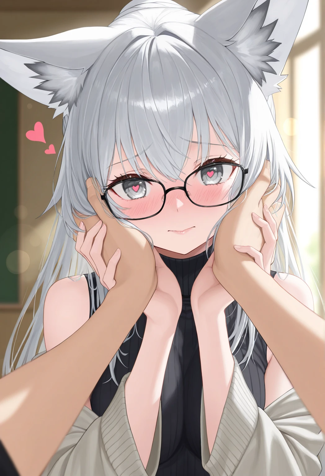 I have white pink hair, cat ears, a bow, a super blushing face, black glasses, pink heart eyes, and you are naked, a cat tail, a very shy girl.