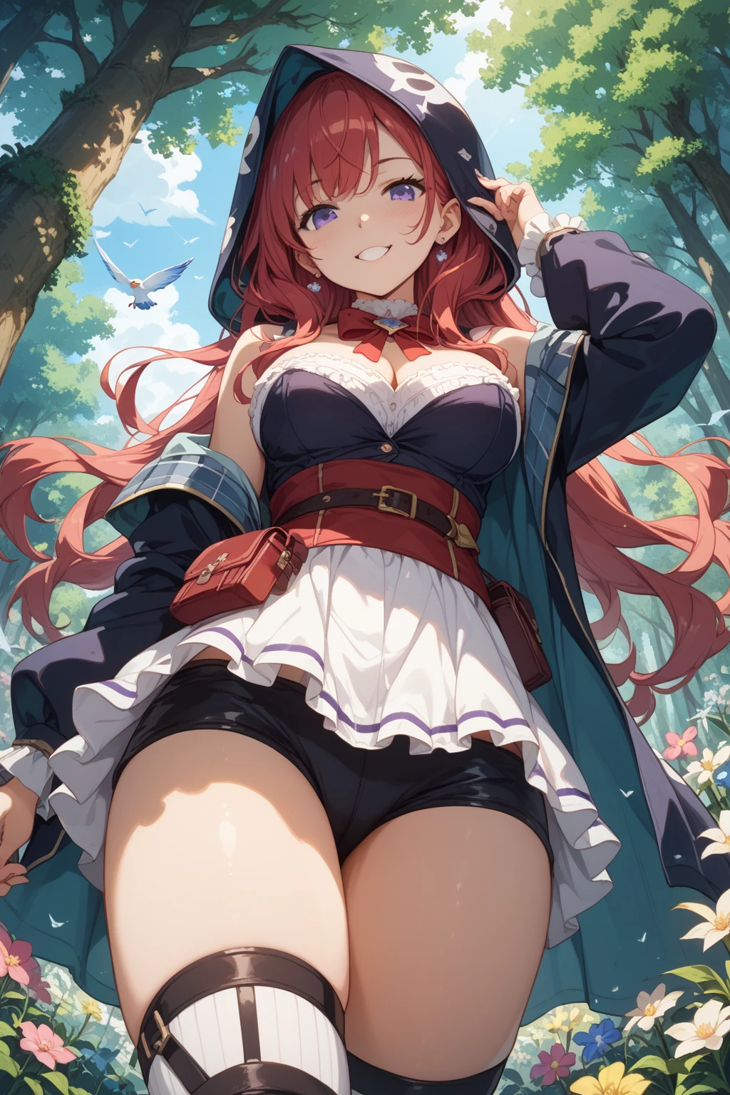 masterpiece, best quality, <lora:JXXLV1-000066:0.85> <lora:caoXL_V1:1> 1girl, red hair, hat, hat feather,
white pantyhose, solo, underwear, panties, wet, skirt, wet clothes, long hair, one side up, outdoors, water, wading, day, white panties, blush, skirt lift, wringing clothes, sky, cloud, dutch angle, clothes lift, strap slip, breasts, plaid, looking at viewer, plaid skirt, bow panties, see-through, tree, bare shoulders, blue sky, bow, lifted by self, bangs, bra, small breasts, camisole, parted lips, pleated skirt