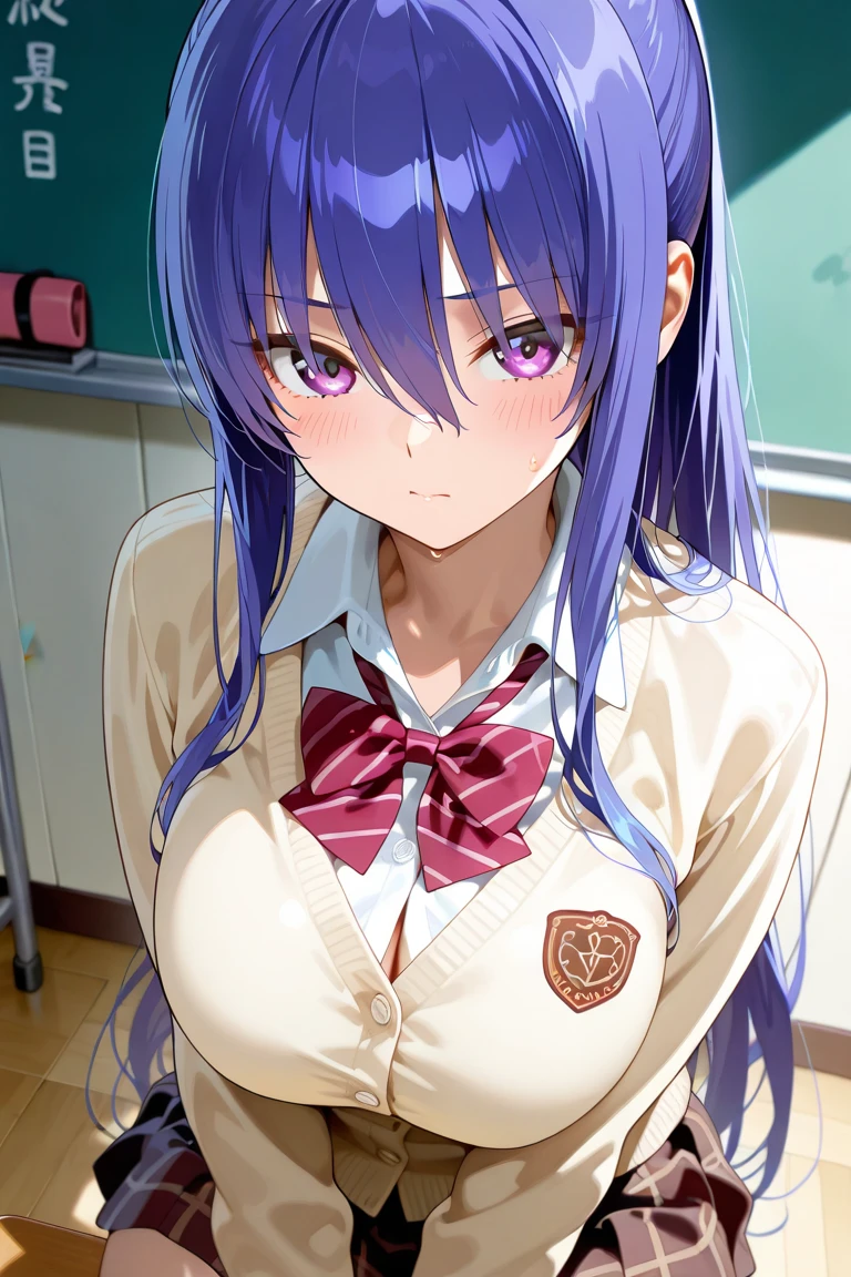 Yatogami tohka, school uniform, blazer, cleavage, medium breasts, best quality, long hair, pony tail, red ribbon hair, masterpiece, highres, best quality, blush, smile shy, sexy pose, indoor, chair, classroom, window, pleated skirt, stocking, thighhigh,