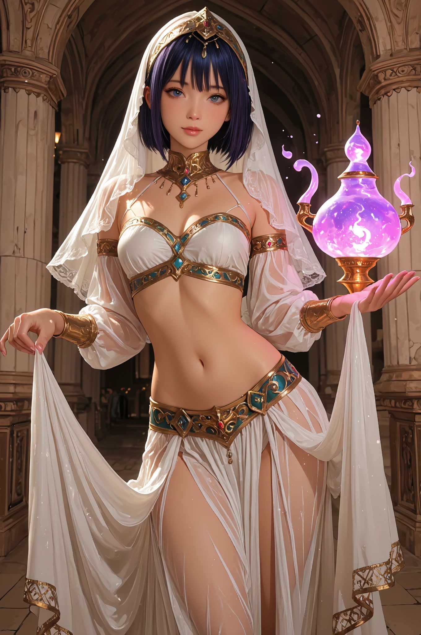 Realistic, detailed, masterpiece, beauty, cute face, colorful hijab, full body, transparent cloth, see-through skirt, no panties, sit on sky galactic kingdom throne, naked