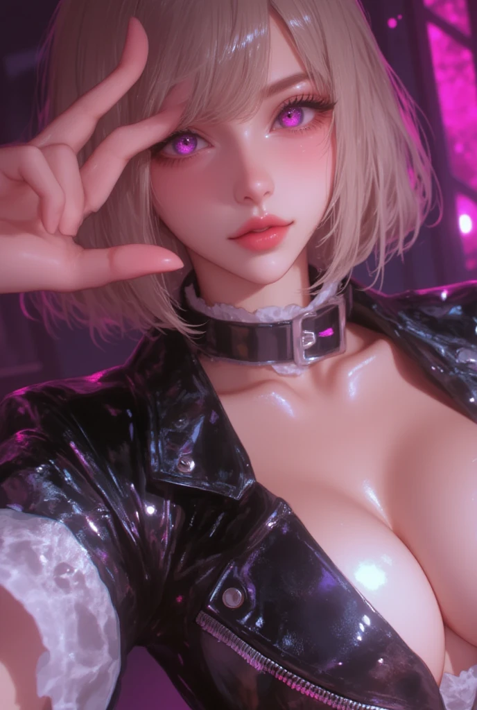 ((Close-up of a woman with tattoos on her chest)), girl, ((Long white hair with bangs, Black strands of hair)), Purple eyes, White T-shirt and white cape, Pendant around the neck. 超High resolution.Photorealistic. 超High resolution.Photorealistic:1.4,超High resolution. Realistic,High resolutionで, masterpiece, Highest quality, Very detailed, Better Shadows, Volumetric lighting), super high quality, High resolution, 8k, Ultra-Realistic Portraits , Photorealistic, Dynamic Lighting, Volumetric lighting, Very detailed顔,(NSFW:1.0),Large Breasts