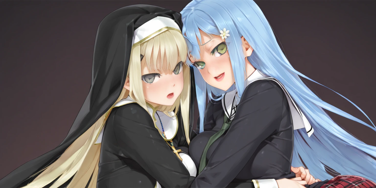 An 18-year-old woman with blond hair and turquoise eyes..., long-haired, Black Ribbon, Wear glasses and a nun's uniform..., Smoking sitting