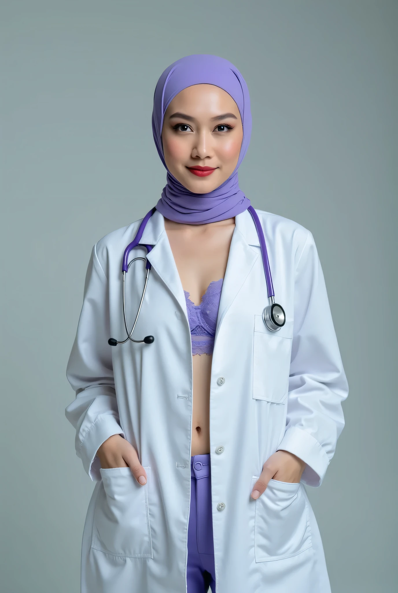 hijab Nurses and doctors in white coats. Super realistic with sensual lacy purple bra.. Sexual 22años.whole body. masterpiece. bulky . Batas blancas de hospital lencería blancaDoctora con bata blanca sensual con sujetador blanco masterpiece. lacy micro lingerie. socks.. . Red lips. Emergency room The best quality, stetoscope in neck, pov full body