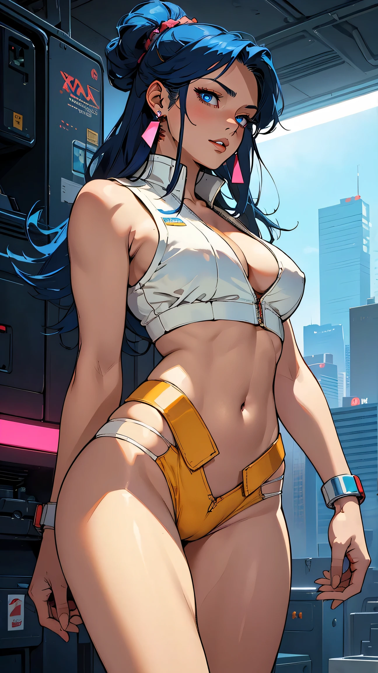 Yuri from The Dirty Pair, , wearing a tight outfit, light sage uniform, light blue uniform, skimpy, medium breast, (long hair), dark blue hair, long smooth hair,  beauty, cyberpunk city background, holding retro space-gun, cleavage, slim waist, slim thighs, thigh gap, (light yellow uniform), show belly