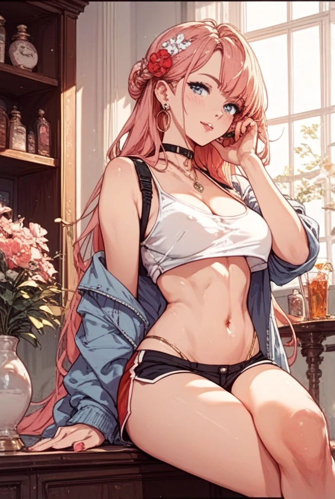 ((best quality)), ((masterpiece)), (detailed), 1girl, huge round boobs, long pink hair, green eyes, smiling, sidesweep bangs, long hair, beautiful legs, beautiful waist, using tank top, small jeans shorts, big cleavage
