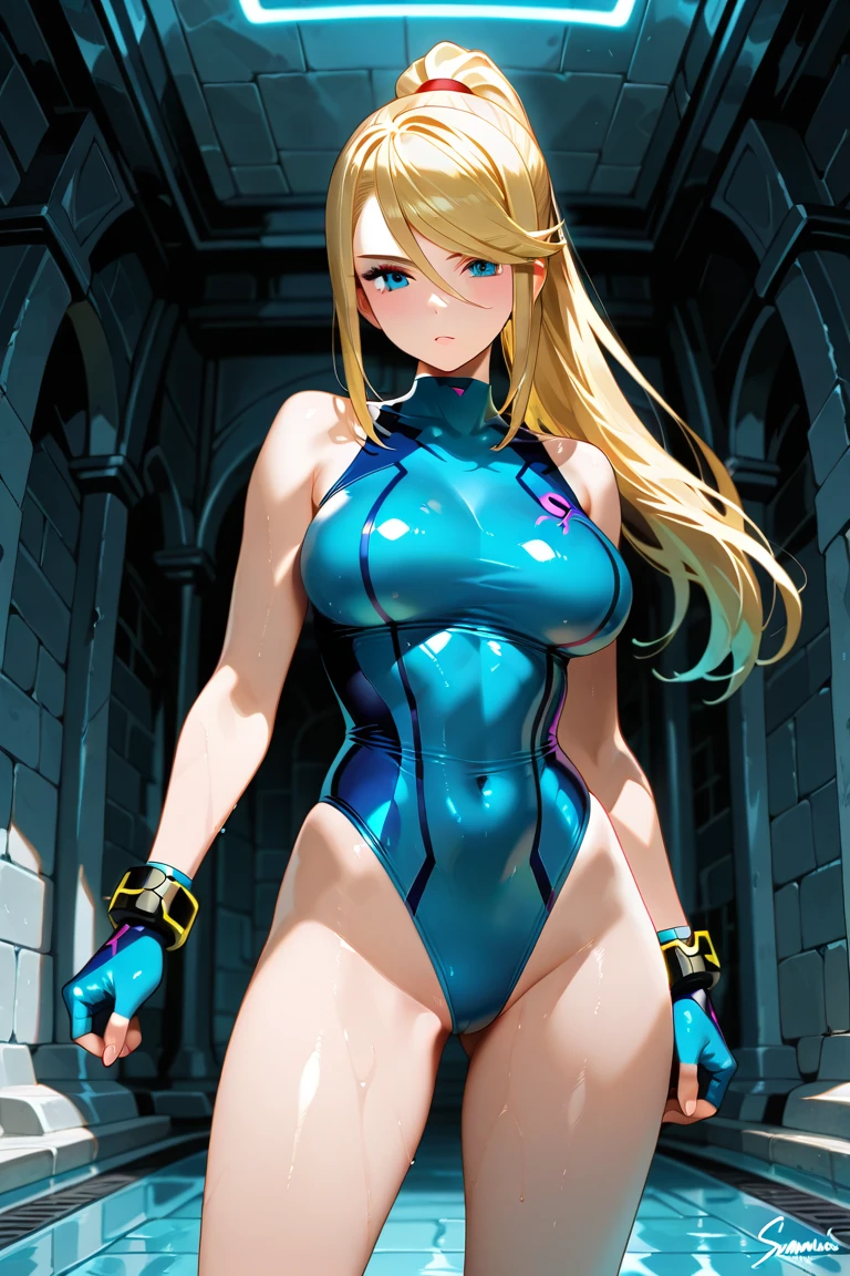 masterpiece, best quality, highres, 1girl, solo, superhero, leotard, bare legs, boots, ankle boots matching boots, sleeveless, gloves, blue gloves, bracelets, matching gloves, looking at viewer, city backdrop, perfect hands, perfect eyes, perfect leotard, perfect legs, perfect arms, perfect fingers, ((red diamond crest on chest)), (blue and white leotard), blonde hair, blue eyes, medium breasts, long hair, ahoge, standing straight, hands on hip, full body shot, heroic, blue glow