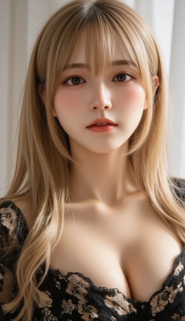 In the bright room, lit by a soft and warm candlelight, there is a waifu angel girl. Her appearance is adorable, with blonde hair and a highly detailed face, with extremely detailed eyes and a double eyelid. She is wearing a wreath on her head and holds a holy book on the table in front of her. The portrait is done in an anime style, with warm colors and a dim light, creating a cinematic lighting. The girl is beautiful, with a perfect anatomy, and the sharp focus and precise details give the feeling of a high-quality illustration. The work is a true masterpiece, with a resolution of 8k, and is considered a piece centered on a character sheet of concept art. The woman depicted has thin abs, emphasizing her beauty, and random hairstyles, although her breasts are depicted as gigantic. She's wearing a casual outfit, and the scene takes place indoors.