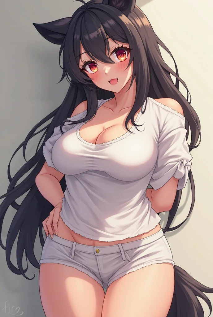 An extremely busty anime woman, with big ass, and long hair, completely smooth, black, silky and shiny that reach the floor, she is biting her lower lip, she is standing next to a bed, and the camera is showing her from head to toe, she is DRESSED, She is thin, She is facing the front, showing her shiny hair with her hands, which are on top of her huge breasts., She is wearing a white t-shirt and short denim shorts, her hair is on her feet, she has a cute face, She has her eyes closed and her mouth open