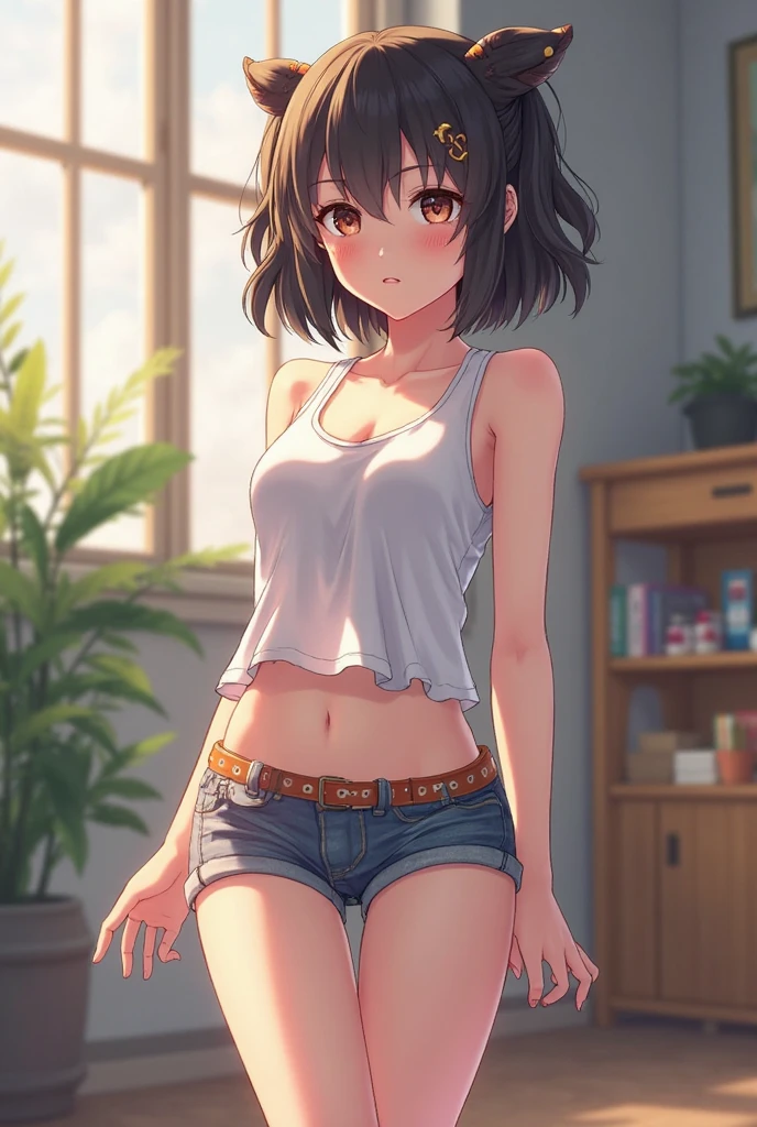 2d, Superb, (Masterpiece), (Full length),One female, (Shiny bronze hair:1.6), (Straight medium hair:1.6), (Brown beautiful girl), (Healthy dark skin), (Sunburn mark), clavicle, (Denim hot pants:1.3), (Tank top), JK,Slender figure ,Glamorous Bare Feet, Leg hair, Brown Eyes, Attractive thighs, Medium chest, bedroom, On the bed, Light from the window, Sexy expression, Sweaty, Wet Hair, Drops from hair,Put your hands on your chest, Breathless, Bold pose