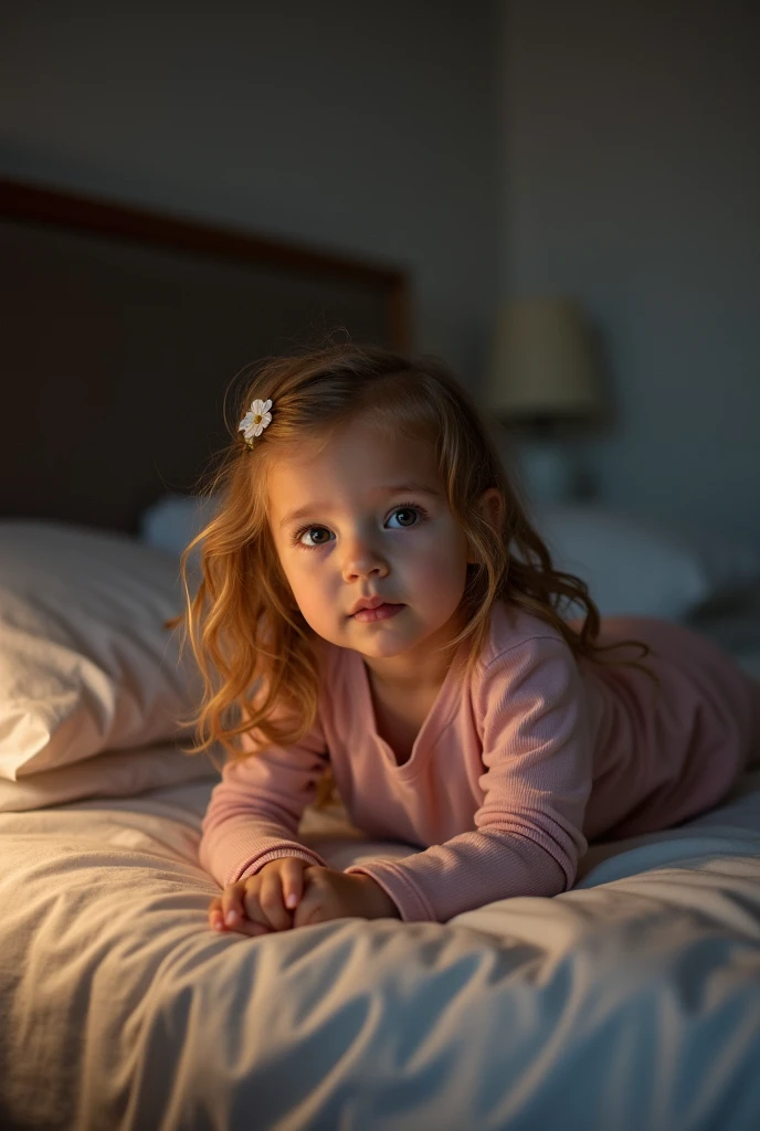 A six-year-old girl wearing only underwear，Lie down in bed，Light smile