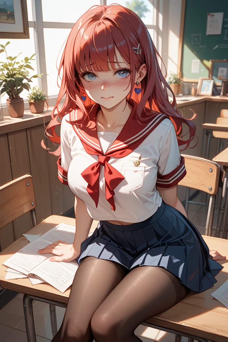 ore no imouto ga konna ni kawaii wake ga nai, 25-yers-old girl with crimson red hair- pulled up into twin ponytails, wearing a blue sailor suit and pleated skirt, long thigh length socks, living room at night background 