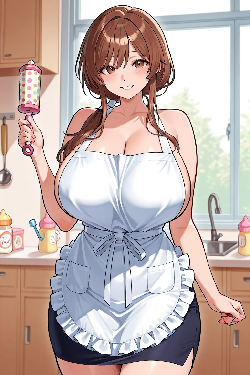 

detailed illustration, dynamic angle, ultra-detailed, illustration, 1girl, 28 year old, milf, tight pastel color apron, tight blue blue jeans, thick meaty thighs, wavy brown hair, long hair, bright brown eyes, deep cleavage, large sagging breasts, standing in a kitchen, countertop, mixing bow up pancake batter, smiling, naïve, blushing, horny, happy, joy, delight, lactating, wet spots on chest, wide hips,