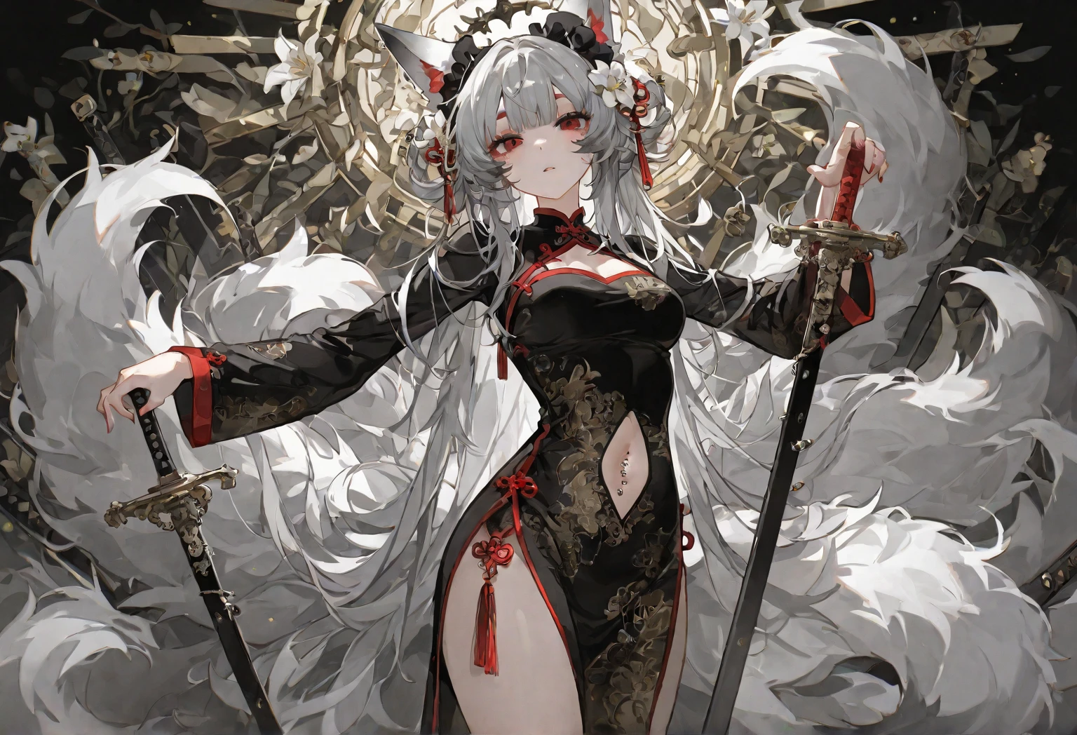Masterpiece, Top Quality, Chinese Fairy, 1 Girl \(Loli\) and Iris Red Dragon,((Chinese Dragon glaring at the girl)),Dark gray background, Masterpiece, Best quality, High quality,(Dark shapeless creature with dark red glow and red eyes and surrounded by darkness:1.2), (in profile), (Darkness:1.2), Abstraction, Deep Sea, Award-winning photography, Depth of field, HDR, Very detailed, Trending in Art Station, Trending in CGsociety, Complex, High Detail,(Masterpiece: 1.2, Best Quality)(Best Lighting, Very Delicate and Beautiful)(Best Lighting, Very Delicate and Beautiful)(Beautiful Detailed Face)(Detailed Eyes and Detailed Face:1.2), (Young Girl, Little Beast, 1girl, Solo, Crazy Smile, Pale Skin,G Cup,Cleavage, 19 piercings,((tattoos all over the body,tribal tattoos all over the legs)) white hair, glowing red eyes, dynamic angle, vampires, pointy_ears,(depth of field),high contrast,cowboy shot,full body, (((Chinese kimono))),punk costumes,