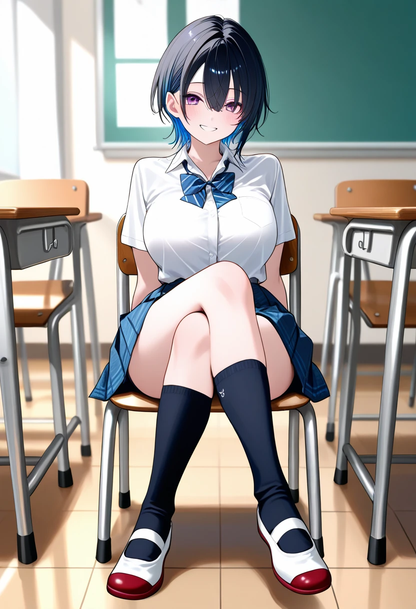 Hyuuga Hinata, teen, , Open white shirt, topless, medium breasts, short black skirt, socks negras, spread legs, fingering pussy, under skirt, black shoes, face of pleasure, perfect body, perfect legs, perfect arms, pose sexy, Classroom, sitting at table, face looking at viewer, noon