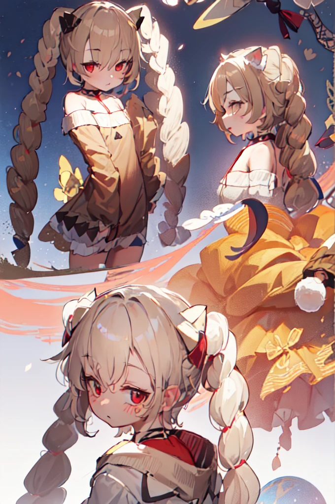 masterpiece, best quality, <lora:cidalaGranblueFantasy_05:1>, GBFcidala, 2girls, multiple girl, bare shoulders, hair ornament, orange eyes, short hair, twintails, tiger ears,
paw glove, detached sleeves, erune, red dress, wide sleeves, bell, paw shoes, animal hand, mini skirt,