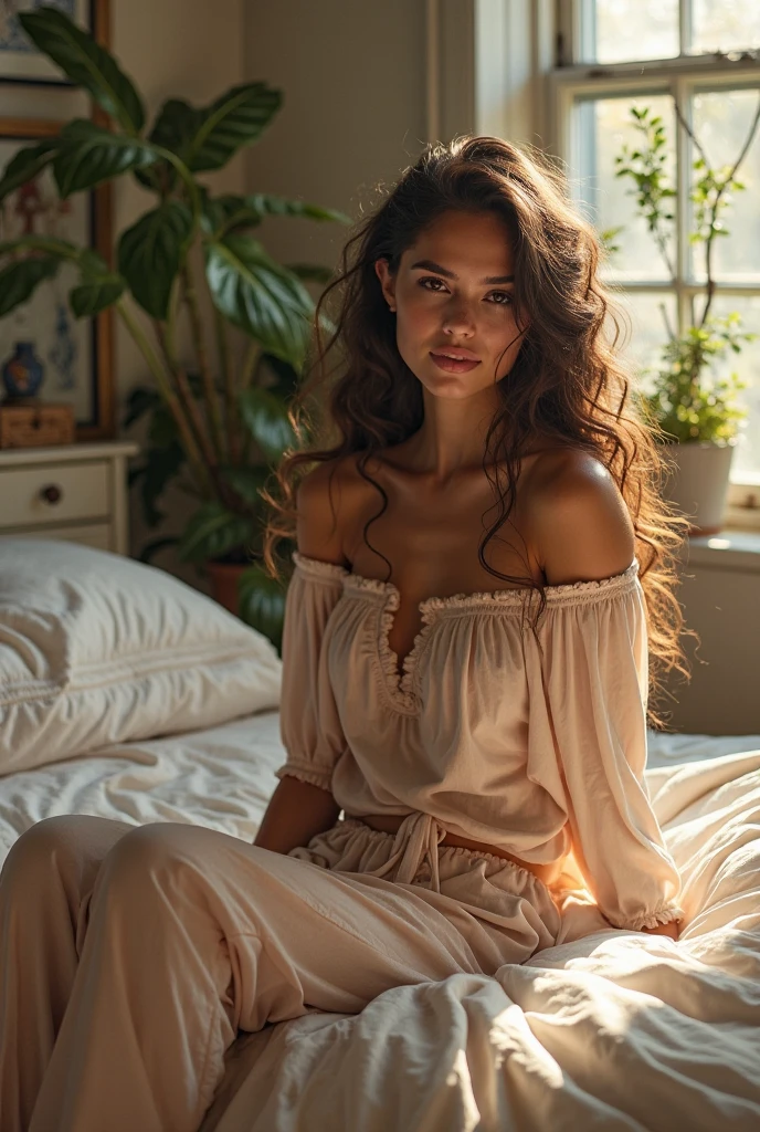 (photorealism:1.2), beautiful woman, sitting on bed, wearing loose off-shoulder top, pajama pants, long curly hair, indoors, soft lighting, plants in background, window with sunlight, cozy room, relaxed pose, realistic, intricate details, warm colors, by Greg Rutkowski, by Alphonse Mucha