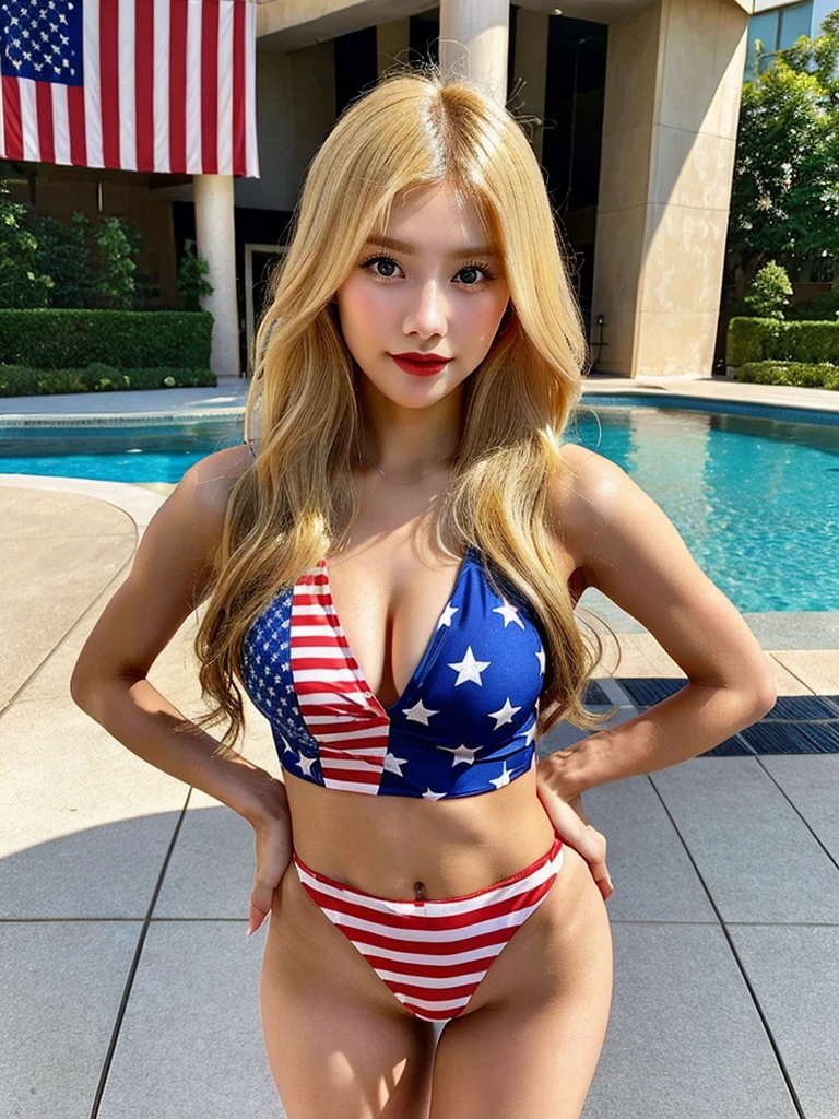 ((Highest quality)), ((masterpiece)), (Realistic details,Tabletop:1.0,High resolution:1.2,Realistic:1.4,8K, RAW Photos:1.2),(A half-Japanese, half-American woman with a realistic body type and very small breasts.:1.25), (Close your mouth:1.3smile:1.25),Beautiful, symmetrical blue eyes:1.22,A simple and beautiful idol face of a 28-year-old with light makeup:1.2,((Beautiful bright blonde twin tails:1.3)),Thin, slightly pale blonde eyebrows,(Detailed fair skin:1.22),((Frontal head to knee shot:1.2,Carrying a single tray of burgers with both hands:1.28)),Spotlight from below:1.23,(((The background is an American burger restaurant with a pop color scheme:1.4))),((Super tight detailed American flag digitally printed sports bra that fits very small breasts:1.32,Super tight blue and red digitally printed leggings with a flashy American flag design:1.4)),(((Very small breasts:1.95))), ((A very slender, well-trained body:1.65)),((Fine abdominal muscles:1.73)),(Short torso:1.3),(Broad shoulders:1.3),(Narrow waist:1.3),(Trained little buttocks:1.23),(Muscular limbs:1.3),(Very thin thighs:1.57),(The hip bones are visible:1.25),(Central composition with the body facing forward:1.4)