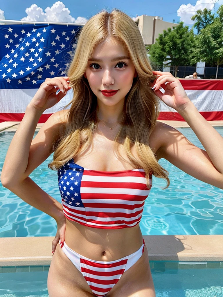 (best quality,8k hd,masterpiece:1.2),Blonde,Korean,tall,slender figure,attractive face,feminine beauty detailed,Big sparkling eyes and eyelashes,full lips,body contour,gorgeous model,big tits,professional photo session,microkini,Soviet Union flag pattern bikini,photoshoot, beach background