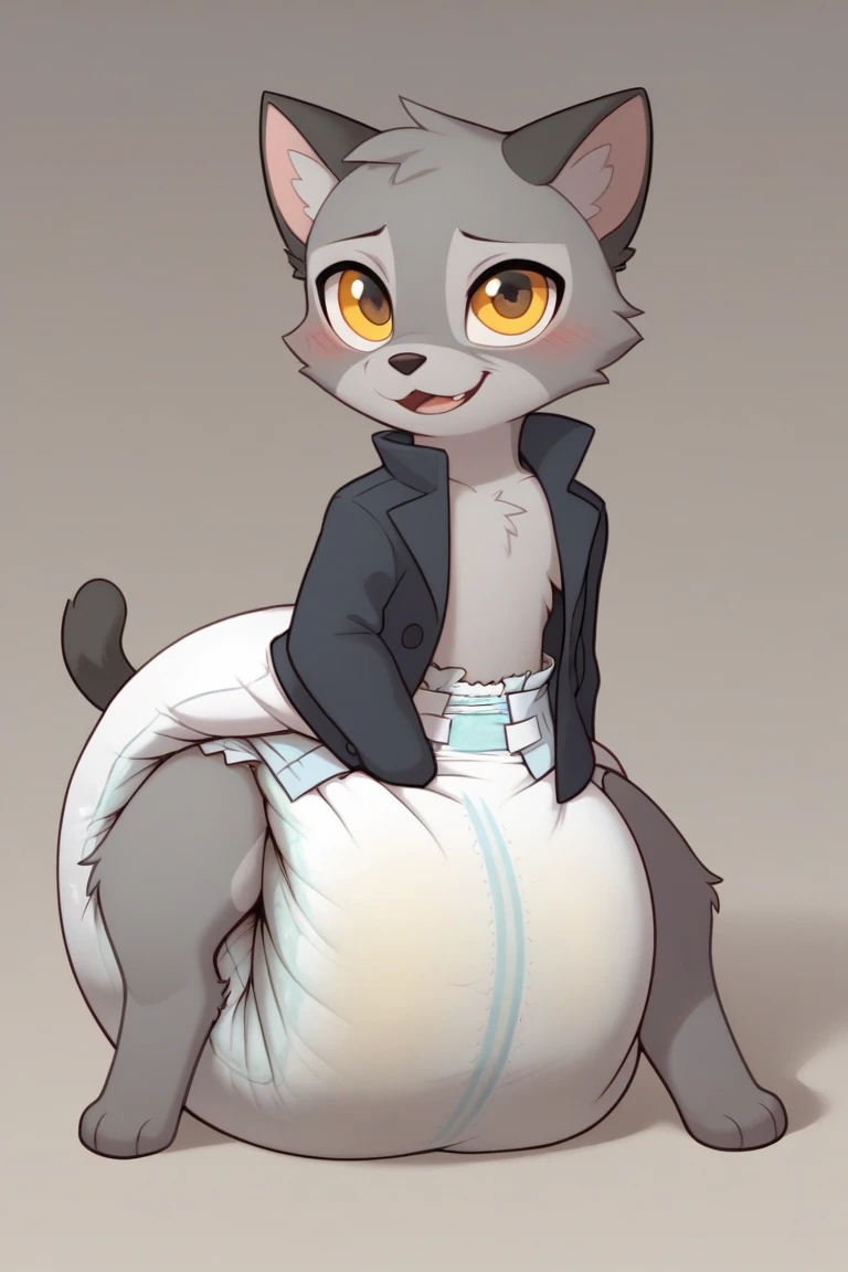 Male, arctic wolf, detailed yellow eyes, long tail, butler, slim, sly, simple background, diaper with four tapes