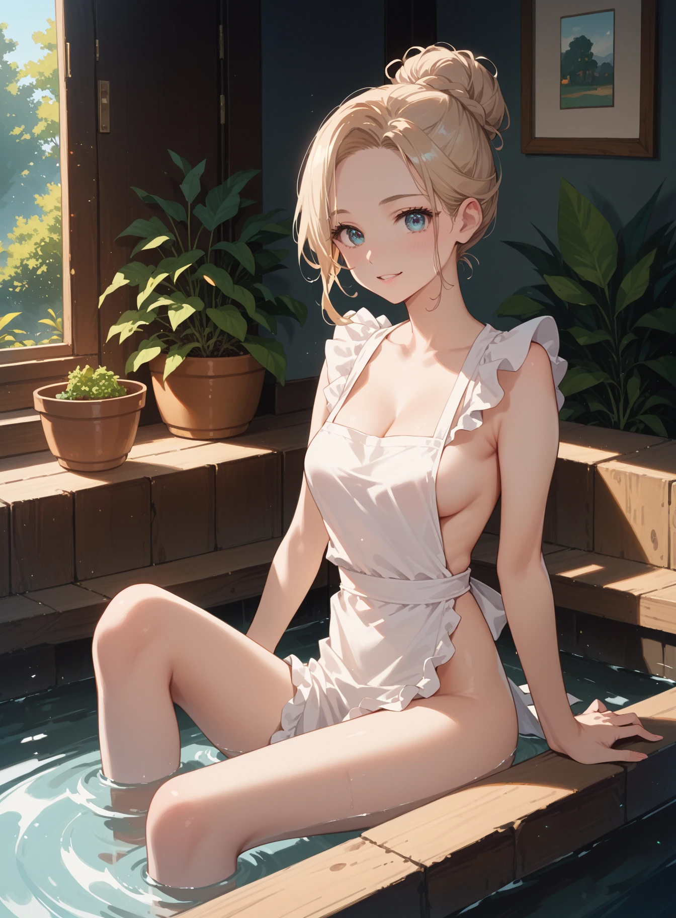 (Naked: 1.4), (See-Through Lingerie: 1.3), (Blushing:1.4),(No Bra, No Panty), Smile, Cowboy Shot, ((A Cup)), Full Body, Underwear